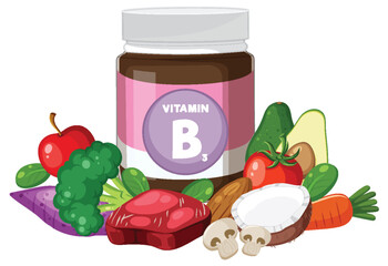 Vitamin B3 Supplement Jar with Fresh Healthy Foods