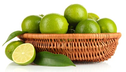 Fresh limes fill a light brown wicker basket against a white background.