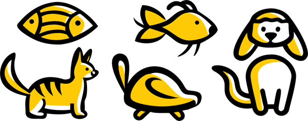 Naklejka premium A collection of six bold yellow and black vector icons featuring various domestic pets. This flat cartoon design set includes a dog, cat, fish, and turtle