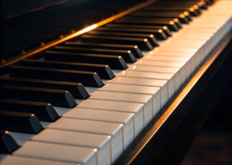 Close-up view of illuminated piano keys, showcasing polished black and white keys, warm lighting, and a dark background