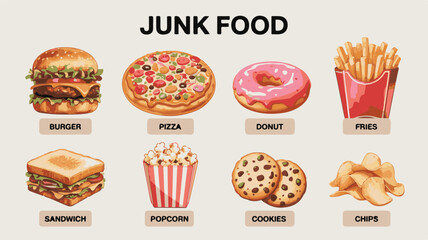 Diverse Selection of Junk Food Illustrations with Labels on a Textured Background fast food