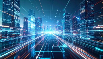 Futuristic cityscape at night, illuminated by digital data streams and glowing lines, showcasing technological advancement.