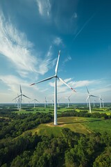 Wind turbines generating clean energy in a scenic green landscape under blue sky