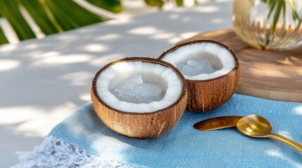 Coconut jelly dessert served in halved coconut shells on a sunny beach towel
