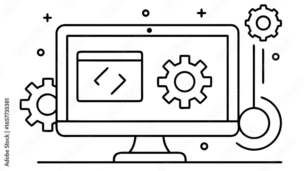 Wall mural explore the world of coding with this stylish one-line drawing of a desktop monitor featuring coding