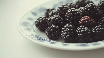 blackberries arranged beautifully on a white plate with a blue pattern