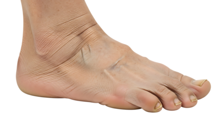 A close up of an elderly foot with nail fungus isolated on transparent background, showcasing the effects of aging and potential health issues related to foot care