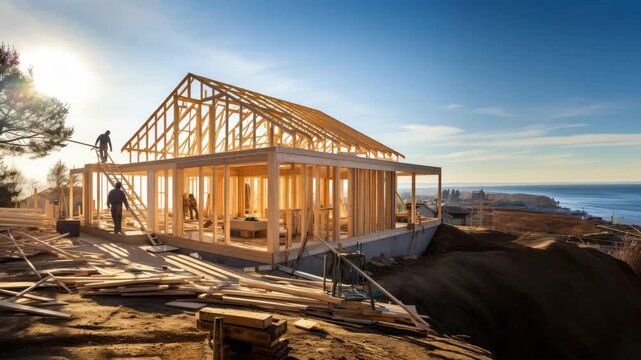 Wide-angle shot of a wooden house under construction by the sea at sunset. Captures the essence of building progress in a cinematic video style.