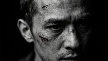 Fototapeta premium Black and White Portrait of Man with Facial Scars