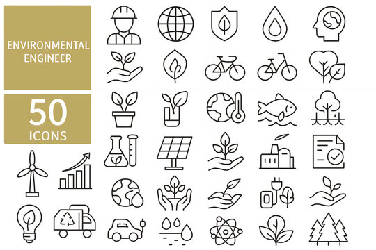 Environmental Engineer Line Icon Set &ndash; Sustainability, Climate, Renewable Energy, Ecology & Environmental Protection