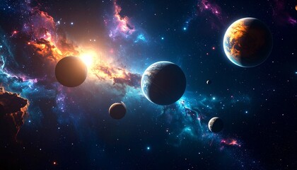 A vibrant and colorful cosmic scene featuring several planets amidst swirling nebulae and sparkling stars in deep space.