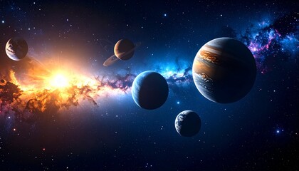 Digital art depicting a vibrant solar system with planets aligned against a backdrop of nebulae and a bright, distant sun.