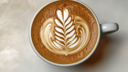 A top view of a cup of coffee with latte art in the shape of a leaf on a white surface with a handle