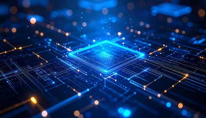 Abstract digital illustration of a central glowing square surrounded by interconnected lines and particles, representing technology and data flow.