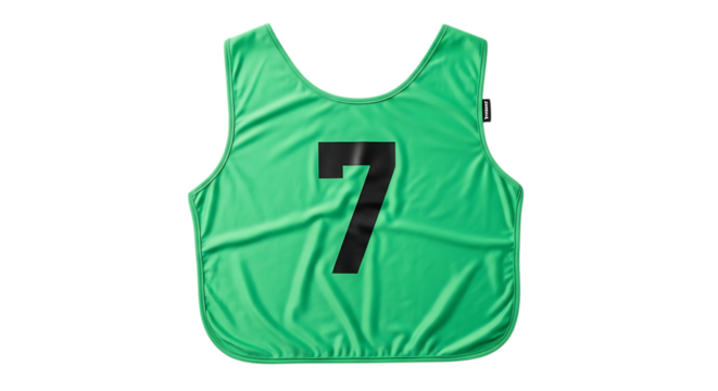Green sports bib with the number seven isolated on transparent background, perfect for team training, exercise, and athletic competitions, showcasing a vibrant and practical design