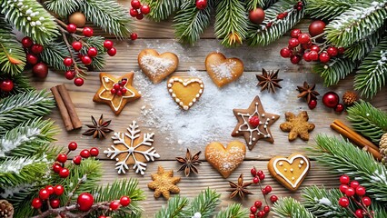 Christmas gingerbread cookies arranged on a wooden table with fir branches