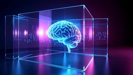 3D glass enclosure with neon brain, digital anatomy and glowing circuits, futuristic technology in abstract sci-fi style with cinematic lighting and dramatic dark background
 - Powered by Adobe