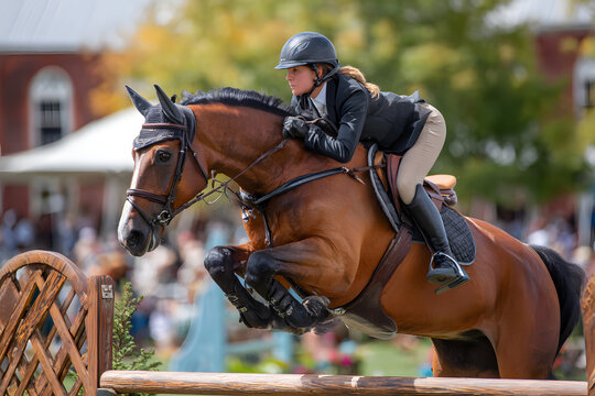 Horse and rider jumping a fence in an equestrian show competition