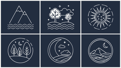 Collection of six vector icons arranged in a grid, each depicting various natural elements, including mountains, trees, sun, moon, and landscapes, presented in a minimalist style suitable for design.