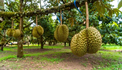Durian fruits hanging from branches in a lush orchard.