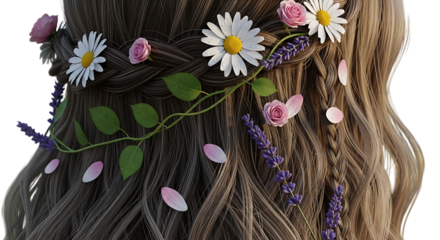 Closeup of a womans hair adorned with a floral crown, featuring daisies, lavender, and roses, isolated on transparent background, showcasing beauty and elegance