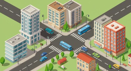 Isometric illustration of a city intersection with buildings, vehicles, crosswalks, and traffic lights