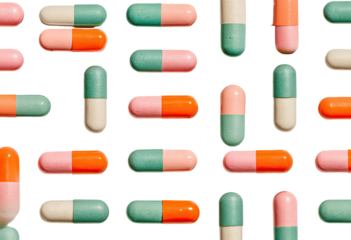 A pattern of various colored pills.  Geometric arrangement of capsules.  Two-toned pills in orange, teal, and pink.  Close-up view