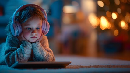 A young Caucasian girl with brown hair wears pink headphones while lying on a rug, focused on a tablet. A warm, cozy atmosphere surrounds her.