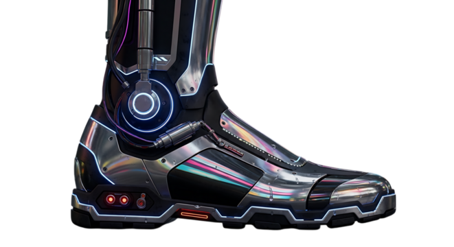 Closeup of a futuristic metallic boot with neon lights, isolated on transparent background, showcasing advanced technology and design for a cyberpunk or scifi themed project