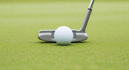 A precise putting stroke poised to connect, showcasing the perfect alignment of golf ball and putter on the lush green, capturing the essence of a serene moment on the course.