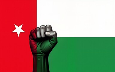 Oman Flag and map with raised fists. National or Independence day design for Omani flag. Modern retro red green star Arab Islamic traditional abstract icons. Vector illustration. High quality