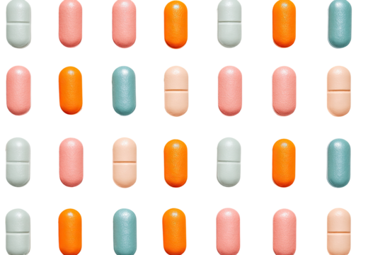 Organized array of various pills on black background