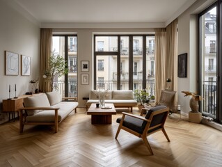 Fototapeta premium A living room with a couch, a coffee table, and a few chairs. There is a potted plant in the room