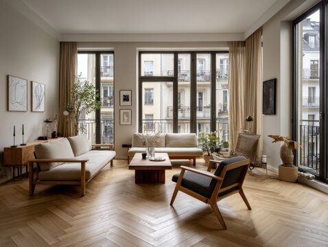 A living room with a couch, a coffee table, and a few chairs. There is a potted plant in the room