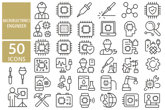 Microelectronics Engineer Line Icon Set (IC Design, Semiconductor & Chip Manufacturing)