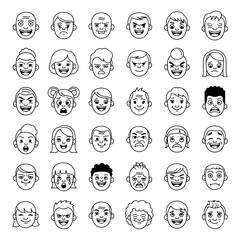 Collection of Thirty-Six Diverse Cartoon Face Icons Expressing Various Emotions and Expressions in Black and White