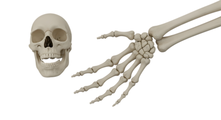 Detailed 3d render of a human skeleton featuring the skull and hand, isolated on transparent background, ideal for medical, scientific, and educational purposes