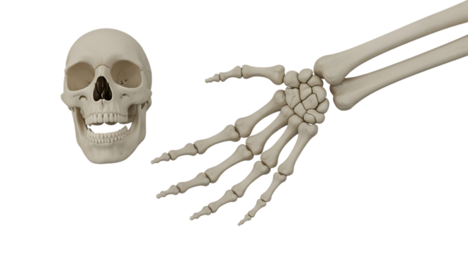 Detailed 3d render of a human skeleton featuring the skull and hand, isolated on transparent background, ideal for medical, scientific, and educational purposes