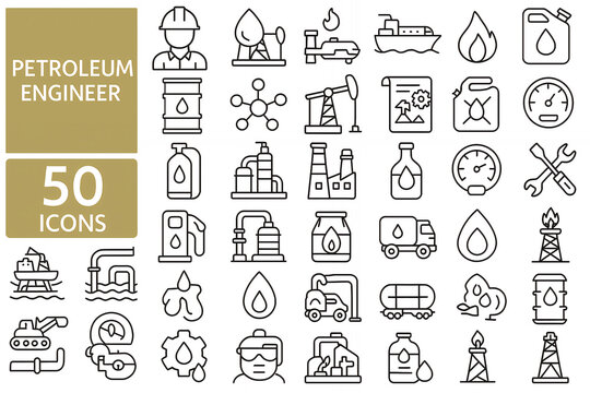Petroleum Engineer Line Icon Set (Oil & Gas Exploration, Drilling & Refining)