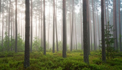 Obraz premium A tranquil forest scene with tall trees, soft sunlight, and a misty atmosphere.