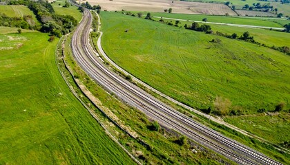Abstract curve of railway bending through green landscape