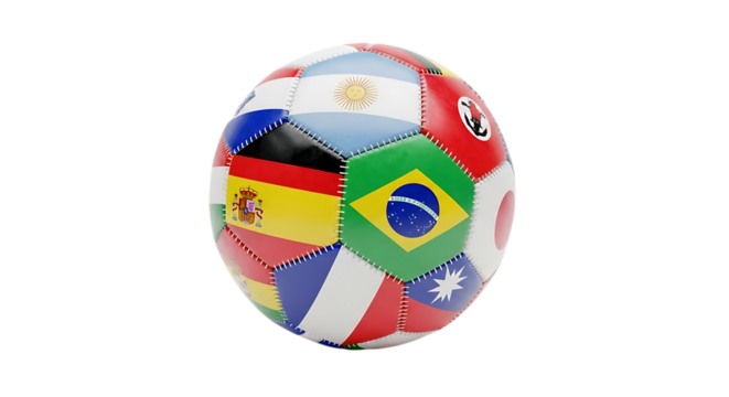 Soccer ball featuring flags of different countries isolated on transparent background, representing international sports, competition, and global unity in a vibrant and dynamic display