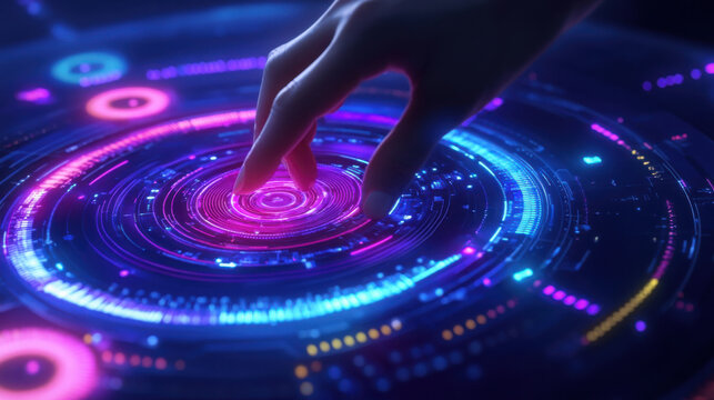 A hand touching a digital interface with glowing circles and intricate light patterns on a dark surface