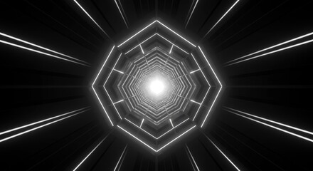 Perspective view of a black, octagonal tunnel lit by a bright white light at the end. Geometric design emphasizes depth