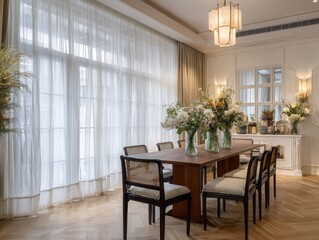 Fototapeta premium A large dining room with a long table and many chairs. The table is covered with flowers in vases