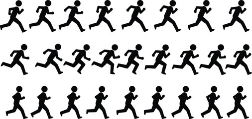 Running human black silhouette set, various poses, jogging people, exercising, sport, marathon, movement, vector illustration on white background.