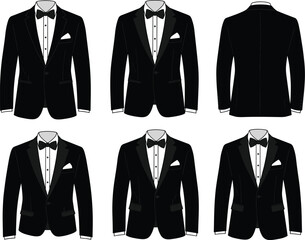 Elegant vector set of black tuxedo jackets, various designs, bow tie, formal dress code, stylish menswear, isolated on a white background.