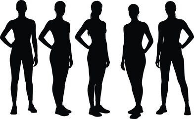 Group of athletic woman black silhouettes in various poses, female fitness figures, sport and healthy lifestyle vector illustration, isolated on a white background.