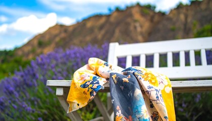 Colorful patterned fabric draped over a white wooden park bench amongst a lavender field, creating a serene summer scene.