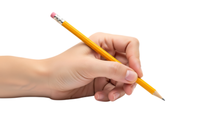 Hand holding a yellow pencil ready to write isolated on transparent background, perfect for illustrating writing, education, or creative concepts in a clean and professional manner